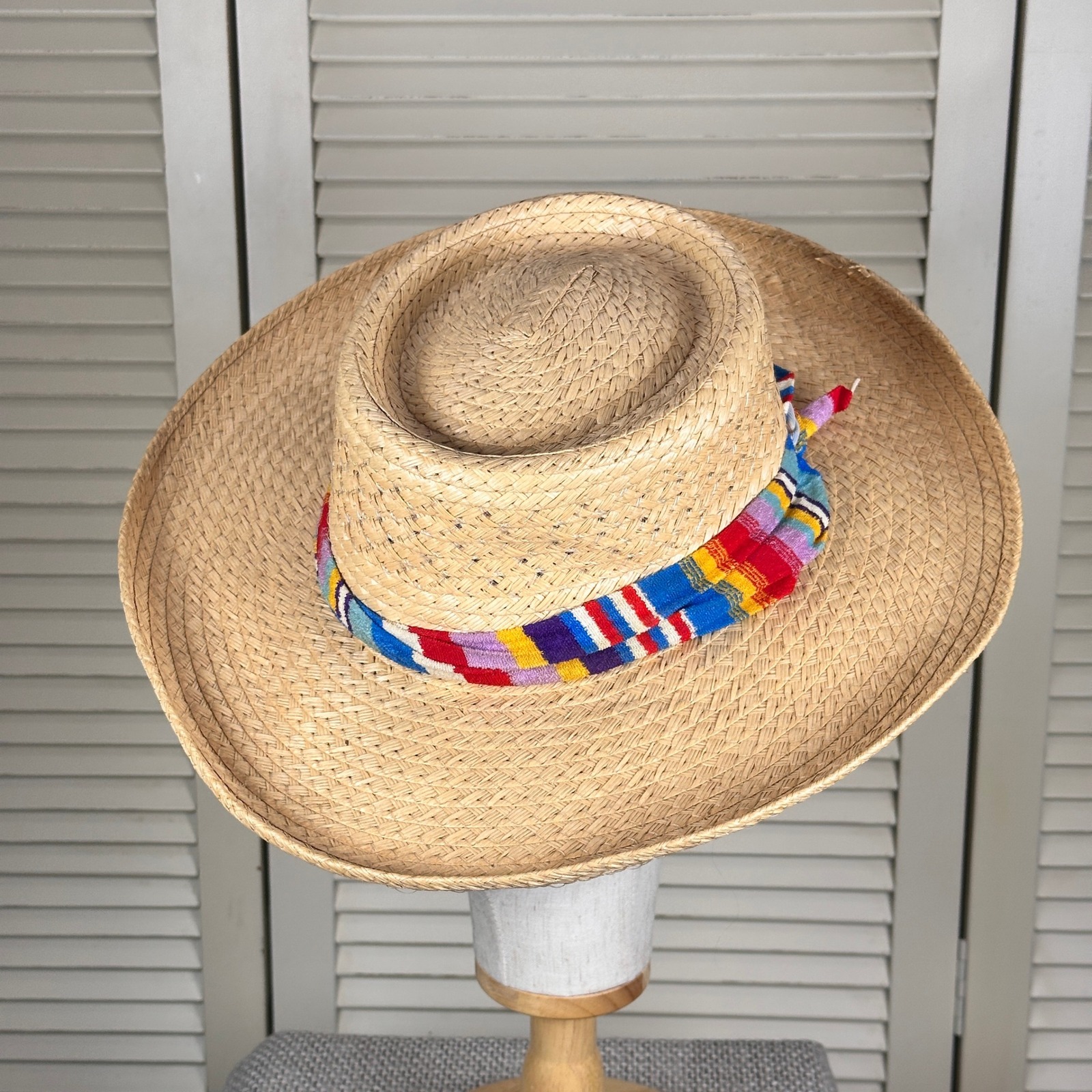 Vintage Boho Tan Straw Sun Hat Rainbow Striped Colorful Cloth Band Wide Brim